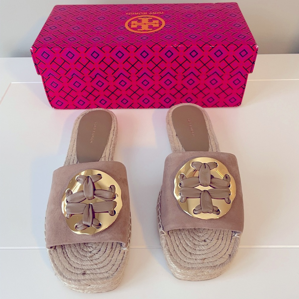 Tory Burch Double T Slide Espadrille Slide Sandal in Almond Flour, Size 8